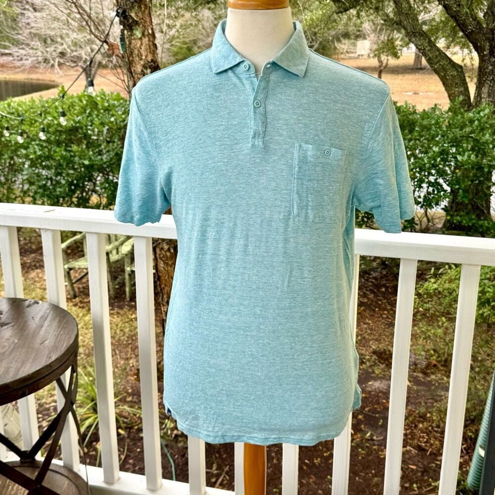 Johnnie-O Hangin Out Linen Blend Polo Shirt. Galapagos Green. Size Medium.